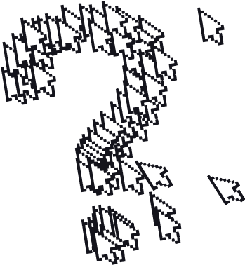 A bunch of cursors forming a question mark. Illustrated in a pixelated style.